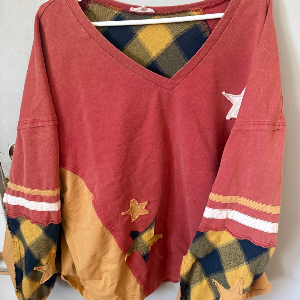 Easel Women’s Red & Mustard Patchwork V-Neck Top